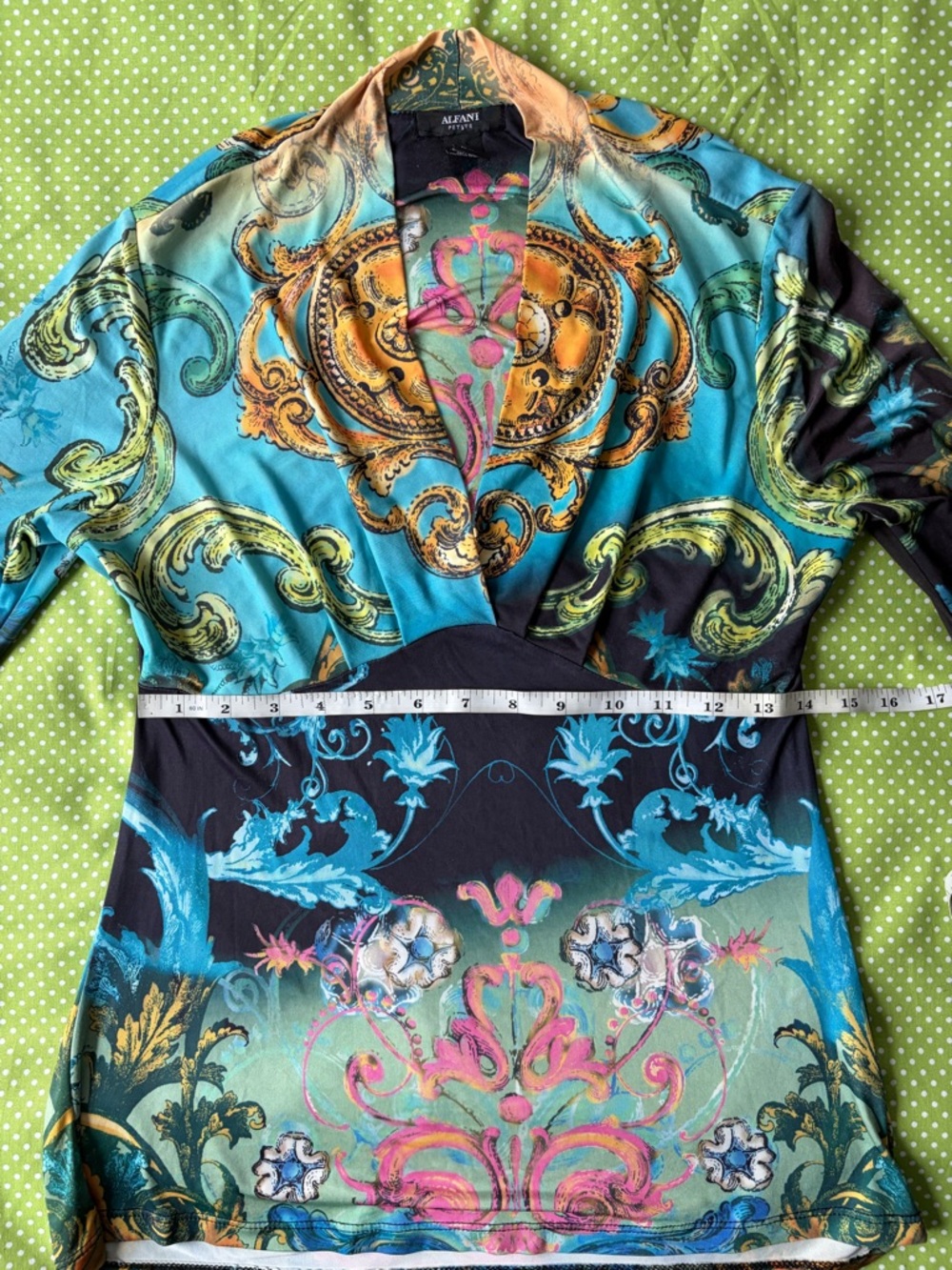 Alfani Long-Sleeve V-Neck Top in Teal, Turquoise, Pink and Gold Baroque Print - Picture 6 of 7